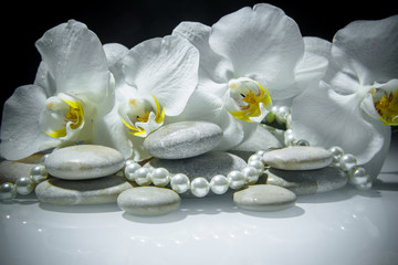     flat stones on a white glass on the background of white orchids 