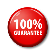 Bright red button with words '100% guarantee'. Warranty circle label for online shops. Design elements on white background with transparent shadow.