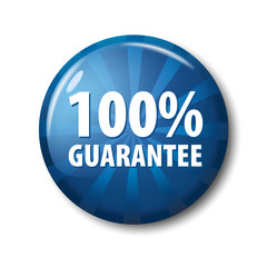 Bright blue button with words '100% guarantee'. Warranty circle label for online shops. Design elements on white background with transparent shadow.