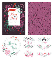 Hand drawing floral wedding invitation set with typographic design, birds, flowers, branches, wreath and ornate monogram. Vector illustration.