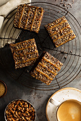 Fudgy brownies with nuts and caramel