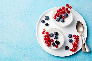 Chia seed pudding, cheesecake, custard dessert with fresh berries. Copy space. Top view
