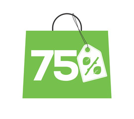 Green shopping bag with 75% text and percent design with leaf and stick price tag label on it isolated on white background. For spring sale campaigns.