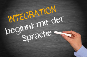 Integration beginnt mit der Sprache - Kreidetafel mit Hand und Text