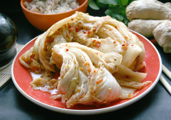 Korean spicy cold appetizer of Chinese cabbage, pickled cabbage kimchi, snacks for spirits, Korean cuisine, Southeast Asian cuisine, Chinese food, spicy cabbage