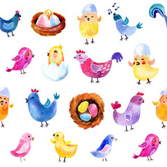 drawing spring seamless set. birds, chicken and eggs