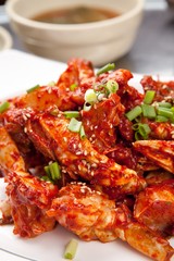 spicy marinated crab. This cuisine is Korean style. 