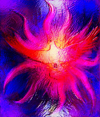 Dove on abstract background in light flame. Painting and graphic design. Glass effect.
