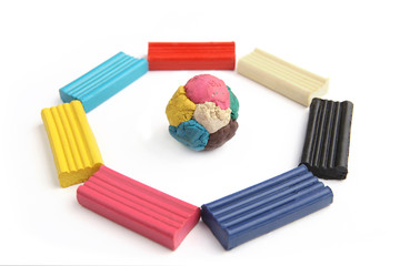 Children's colored plasticine. Materials for creativity. Colorful plasticine ball and circle.