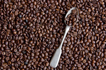 Metal teaspoon and coffee beans