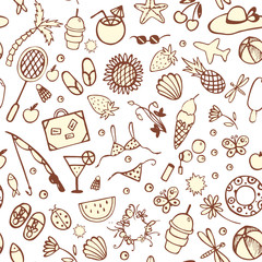 Bright seamless pattern background for summer time with shells, sunflowers, coconuts, cocktails, bags, butterflies, dragonflies, hats, swimwear, fishing rods, ice cream, palm trees, bubbles etc