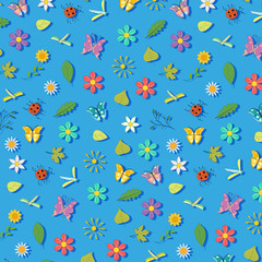 spring flowers and insects on a blue background