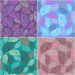 Naklejka premium Ornamental leaves. Collection of seamless patterns. Colorful vector background.