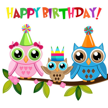 Owl baby Birthday with owls family on a branch with text Happy birthday!