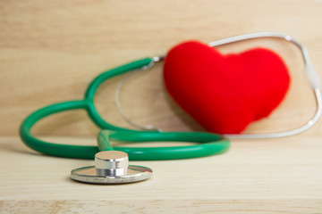 Green stethoscope in doctor hand and red heart on wooden background