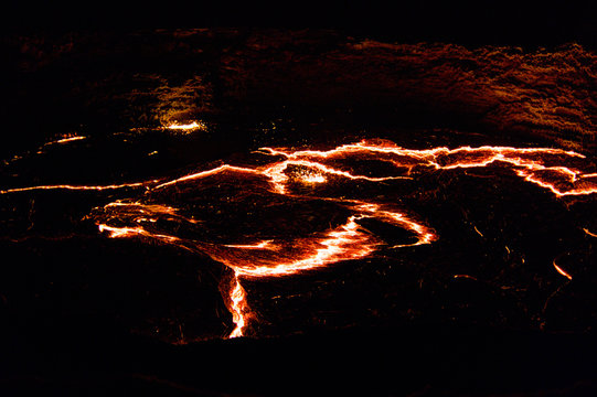 Panorama of Erta Ale volcano crater, melting lava, Danakil depression, Ethiopia