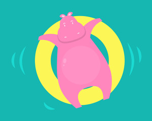 Pink hippo swims in the pool on a rubber circle. Vector illustration