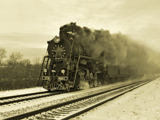 Fototapeta na wymiar steam engine and carriages in full steam