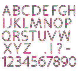 English alphabet and numbers. Capital letters and punctuation marks. Pattern brush is included in vector file.