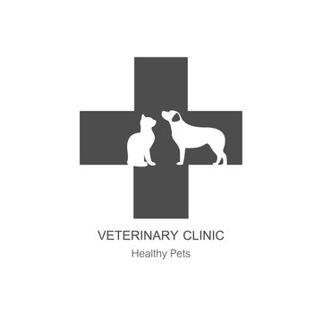 Isolated veterinary cross and pets on white background
