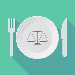 Long shadow dishware with a justice weight scale sign