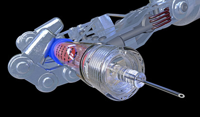 3D illustration of a robot hand holding a fictitious insulin injection pen. Metaphor for increasing use of technology in medicine.