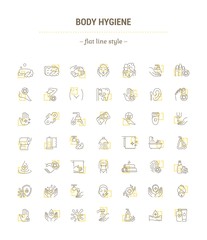 Vector graphic set.Icons in flat, contour,thin, minimal and linear design.Care of body.Hygiene products.Body wash, epilation, depilation, peeling.Simple isolated icons.Concept sign,symbol,element.