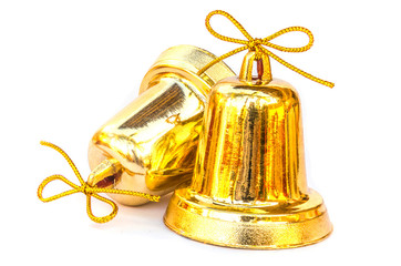 Fototapeta na wymiar Twin old golden bells for Christmas new year decoration, isolated over white