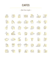 Vector graphic set. Icons in flat, contour, thin, minimal and linear design.Cafe.Food silhouettes.Fast food. Pizzeria. Catering.Simple isolated icons.Concept for web site, app.Sign and symbol.
