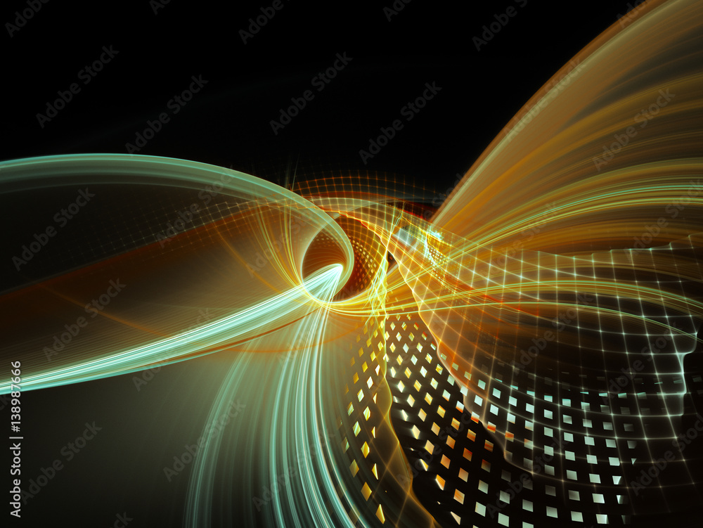 Poster abstract background element. three-dimensional composition of wave shapes, grids and particles. scie