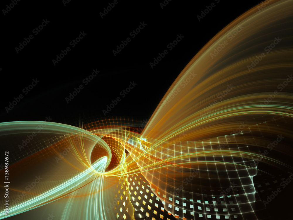 Poster abstract background element. three-dimensional composition of wave shapes, grids and particles. scie