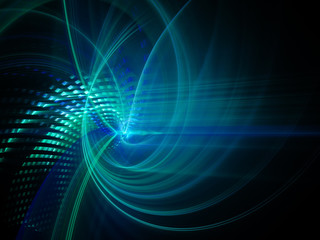 Abstract background element. Fractal graphics series. Three-dimensional composition of intersecting grids, lines and blurs. Information technology concept. Blue and black colors.