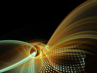 Fototapeta na wymiar Abstract background element. Three-dimensional composition of wave shapes, grids and particles. Science and technology concept. Cyan and orange on black colors.