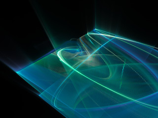 Abstract background element. Fractal graphics series. Three-dimensional composition of glowing lines and mosaic halftone effects. Information and energy concept. Blue and black colors.