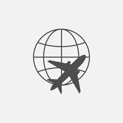 Globe and plane icon vector line illustration