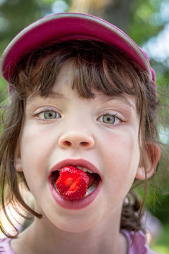 Close up summer portrait of cute young girl in pink cap eating a strawberry. 
