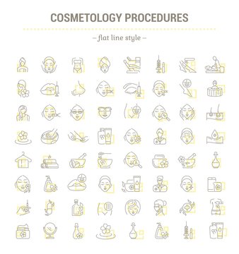 Vector graphic set.Icons in flat, contour,thin and linear design.Cosmetology Clinic. Services, procedures, treatments.Simple isolated icons.Concept illustration for Web site app.Sign,symbol,element.