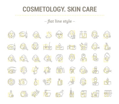 Vector graphic set.Icons in flat, contour,thin and linear design.Cosmetology. Skin care.Simple isolated icons.Concept illustration for Web site app.Sign,symbol,element.