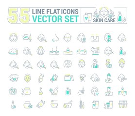 Vector graphic set.Icons in flat, contour,thin and linear design.Cosmetology. Skin care.Simple isolated icons.Concept illustration for Web site app.Sign,symbol,element.