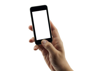 Isolated male hand holding and pushing home button of white blank screen smart mobile phone.