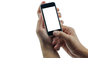 Isolated male hands holding and pushing home button of white blank screen smart mobile phone.