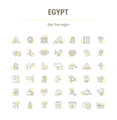 Vector graphic set. Icons in flat, contour,thin, minimal and linear design. Egypt. Travel to Egypt. Simple isolated icons.Concept of web site and app.Sign,symbol, elements.