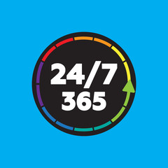 Vector 24 on 7 timing badge symbol. Time vector