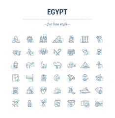 Vector graphic set. Icons in flat, contour,thin, minimal and linear design. Egypt. Travel to Egypt. Simple isolated icons.Concept of web site and app.Sign,symbol, elements.