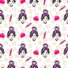 Glam girl sketch beauty seamless pattern. Leopard stain vector pink and purple background. Woman face, lipstick and bags.