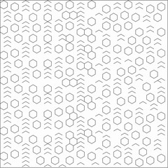 Abstract white background with white hexagons and black stroke signs placed randomly around the pattern