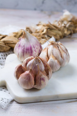 Garlic. Dried French garlic. Red garlic. Violet garlic.Garlic background. garlic bulbs.