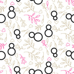 Line style black on white floral March 8 seamless pattern. Romantic women background texture for invitation cards, greetings, birthday and wedding cut out paper.