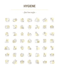 Vector graphic set.Icons in flat, contour,thin, minimal and linear design.Human Hygiene. Protection from bacteria.Hygiene products.Healthy lifestyle.Simple isolated icons.Concept sign,symbol,element.