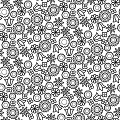 Black line floral seamless vector pattern. Plant leaves, tulips and flowers female dense background.